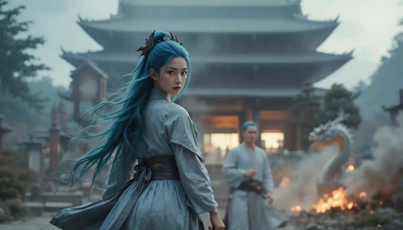 Blue haired Japanese warrior woman before dragons and temple