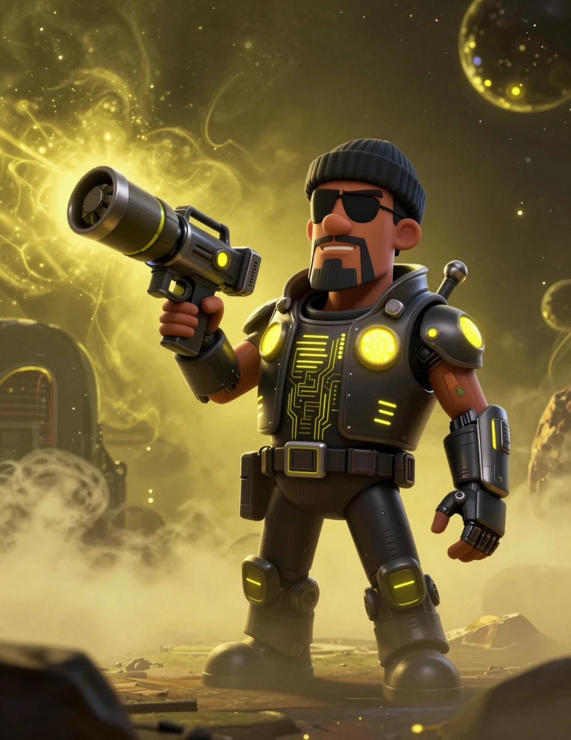 Cartoon sci fi warrior in neon armor with grenade launcher