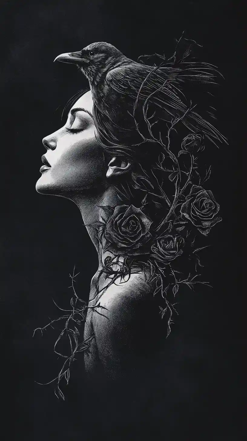 Dark feminine profile merging with raven and black roses