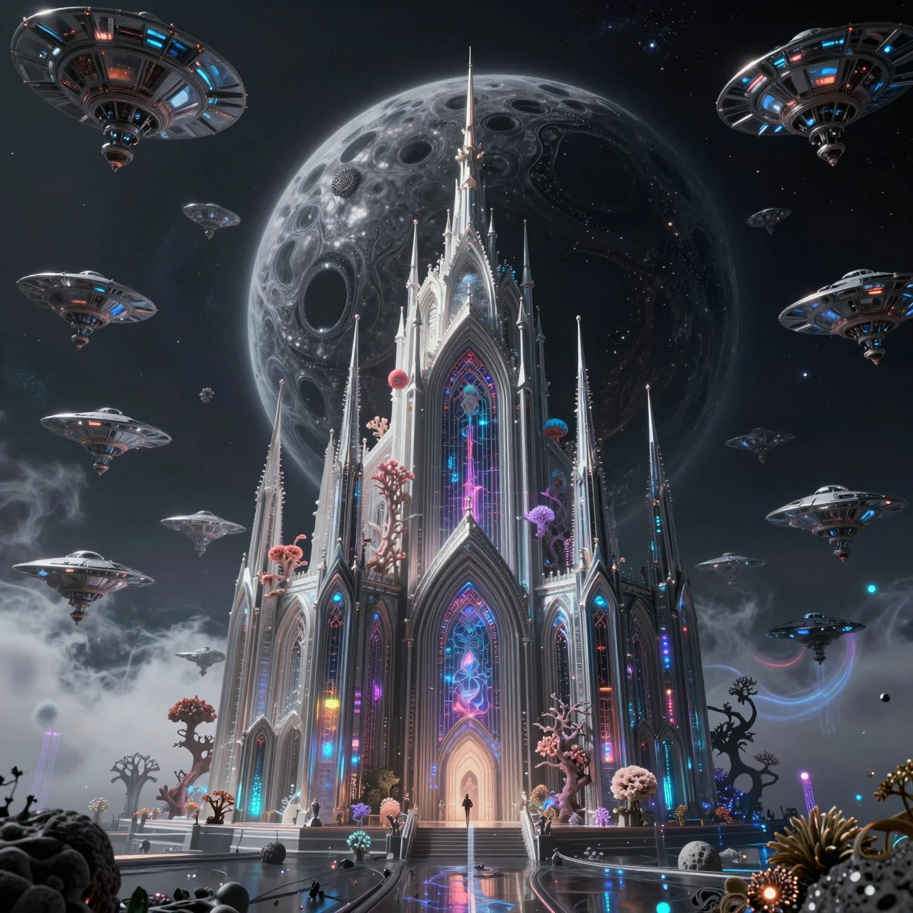 Quantum cathedral orbiting a collapsing black hole in space