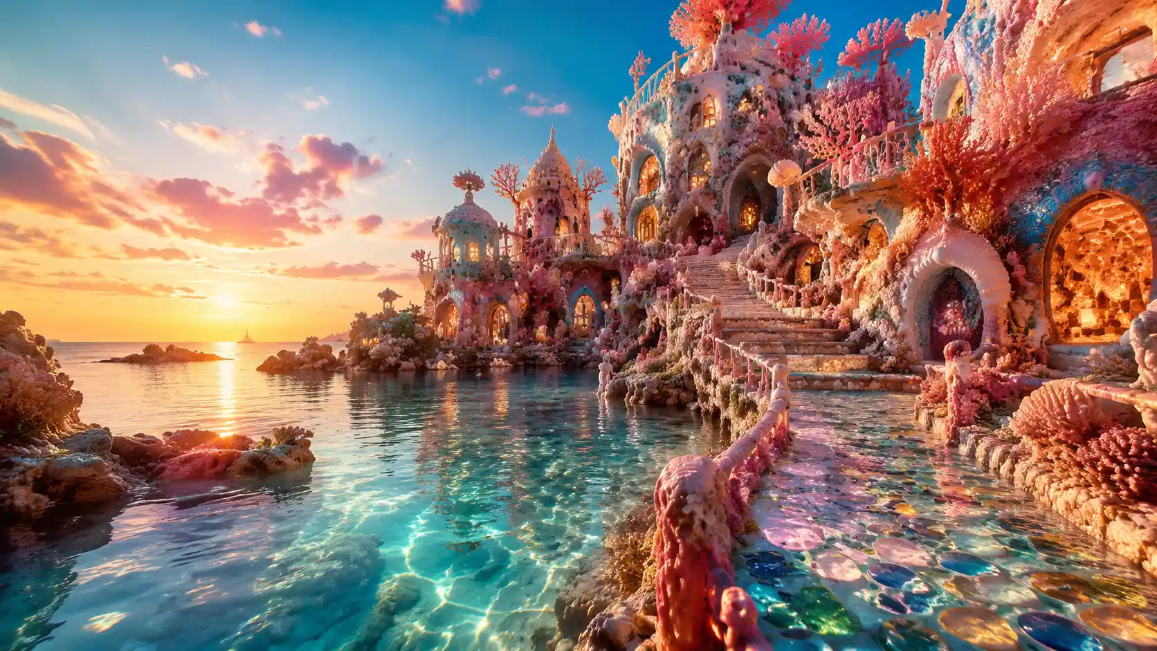 Surreal underwater Mediterranean village of coral and glass