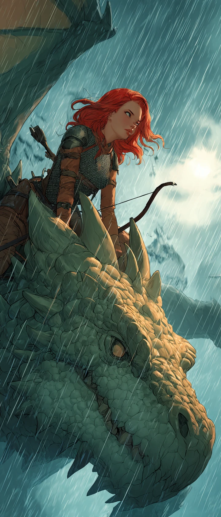 Guerrera amazona cabalgando un dragón colosal a través de la tormenta