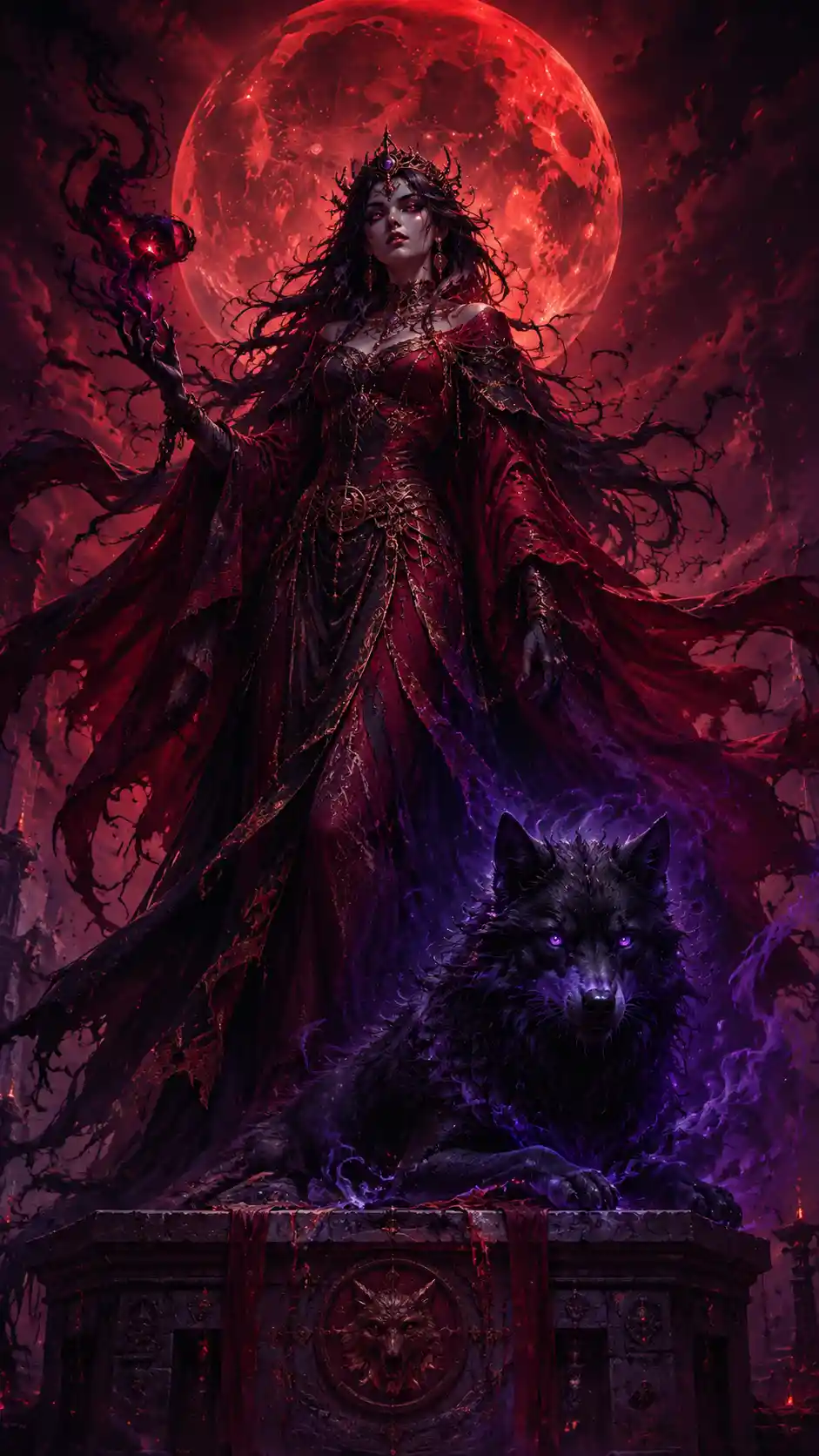 Blood moon priestess with loyal shadow wolf companion