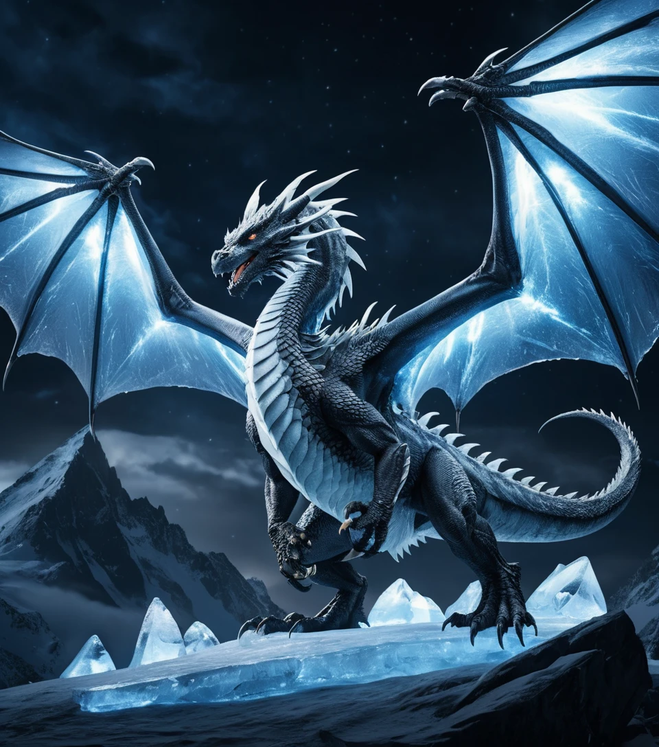 Ice dragon spreads colossal wings under stormy night sky
