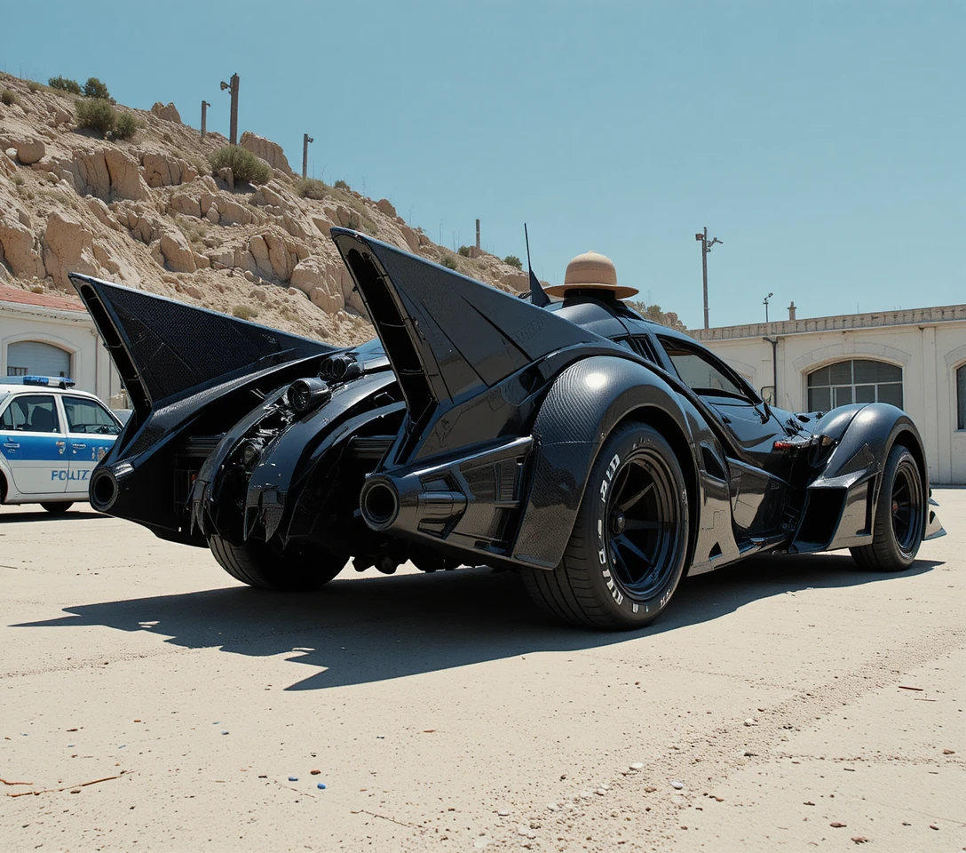 Futuristic black car with open canopy in bright sunlight