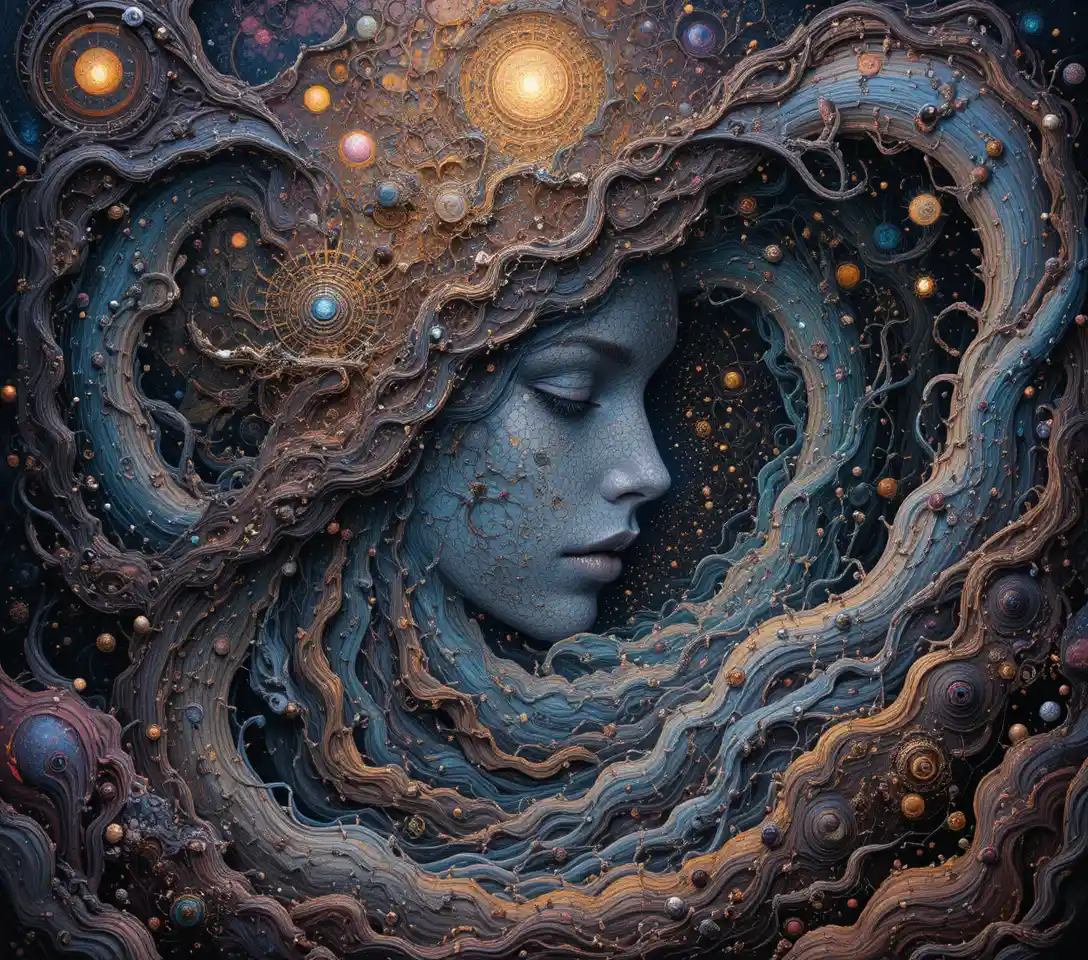 Psychedelic vortex of organic forms and cosmic symbolism