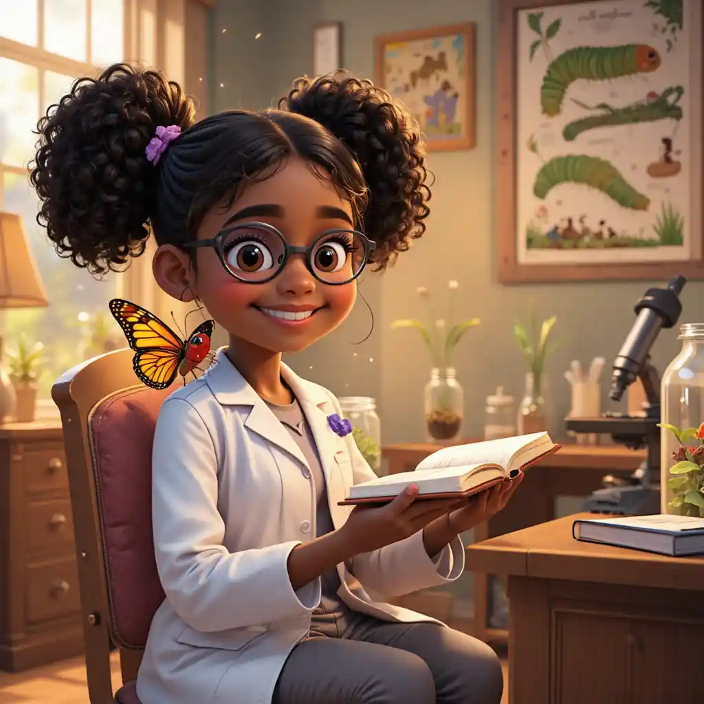 Young girl scientist reading bugs in a cozy bedroom