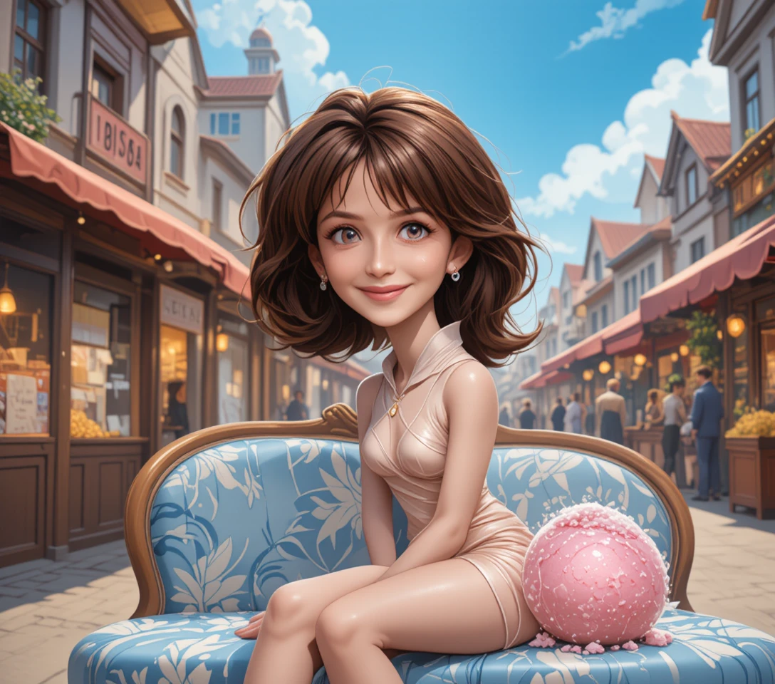 Anime-Mädchen mit Zuckerwatte auf einem bunten Straßenmarkt