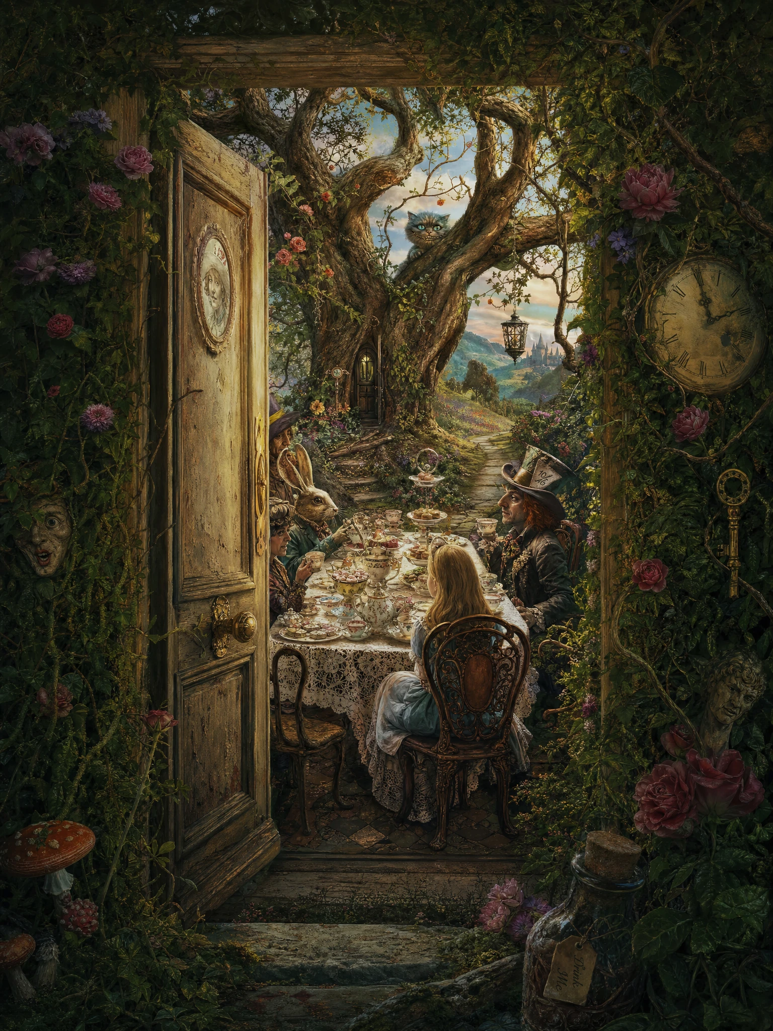 숨겨진 정원 문이 열리며 펼쳐지는 기 whimsical 티 파티