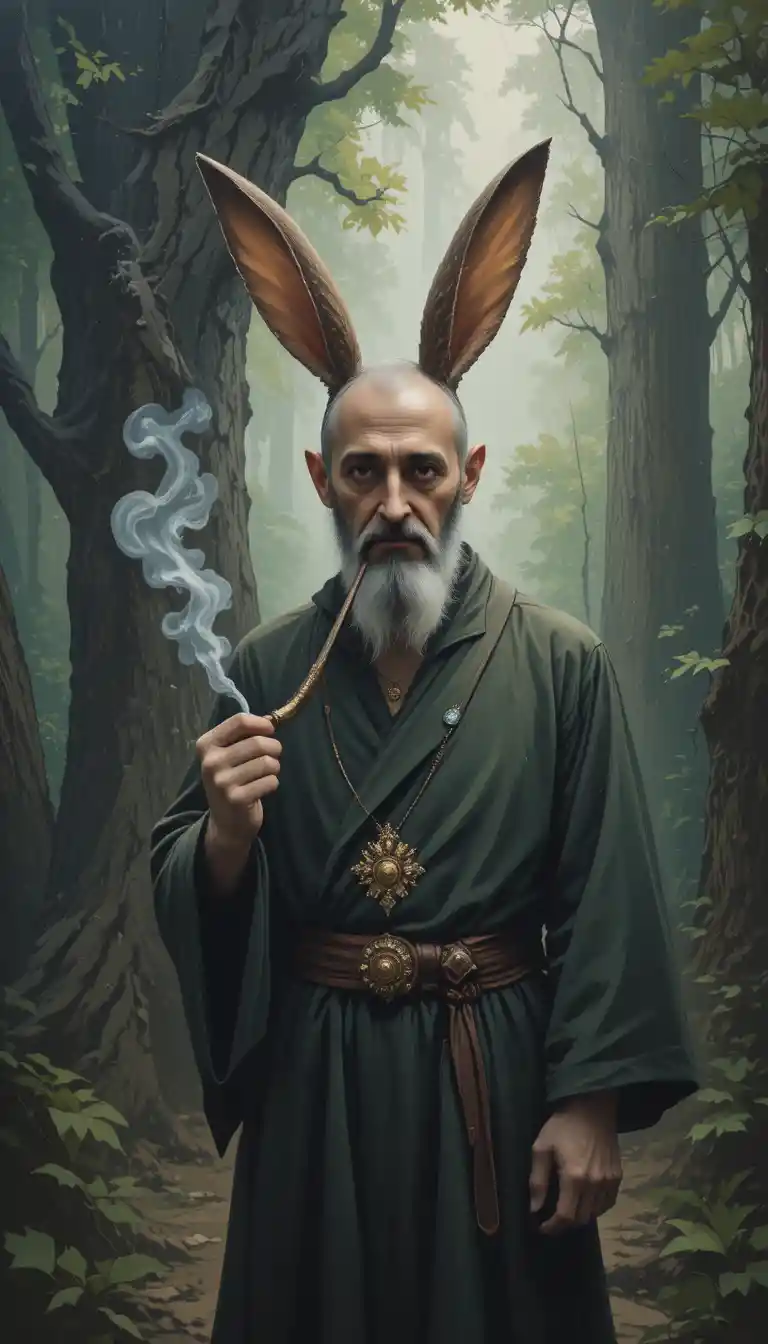 Fantasy woman with rabbit ears smoking a pipe in forest