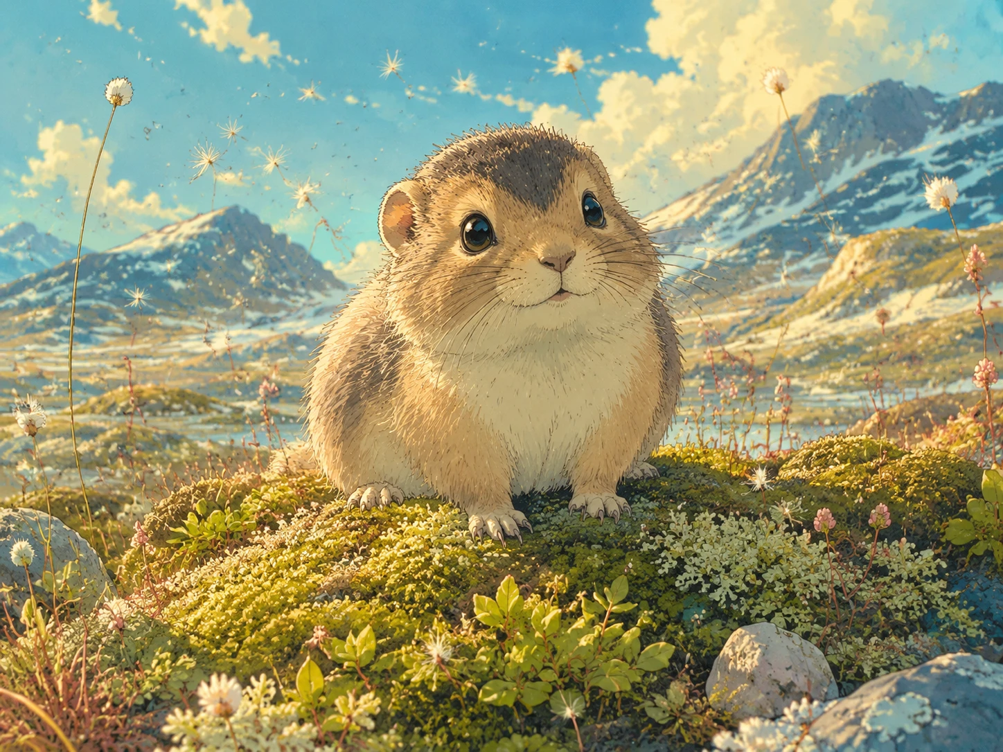 Tierno bebé lemming sentado en un montículo soleado de la tundra