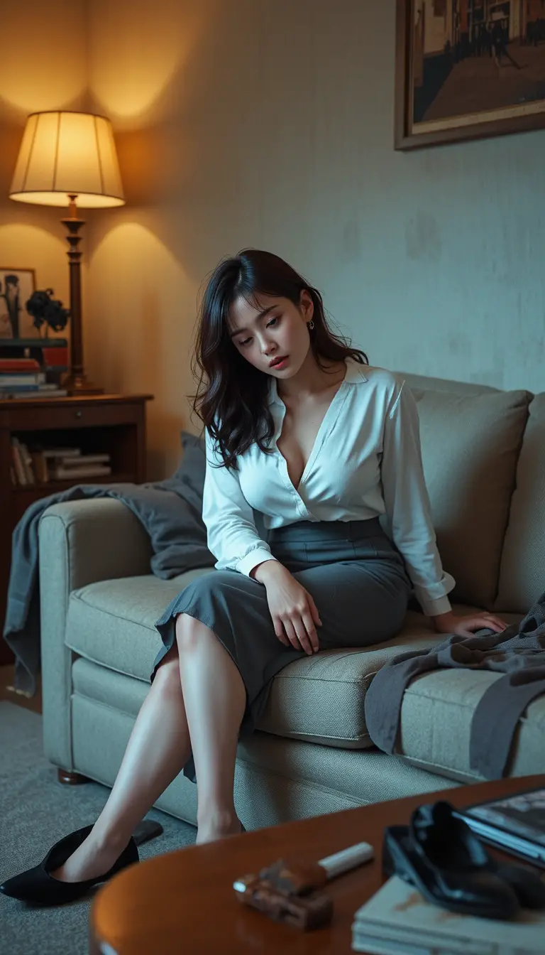 Exhausted young woman in office uniform on worn sofa