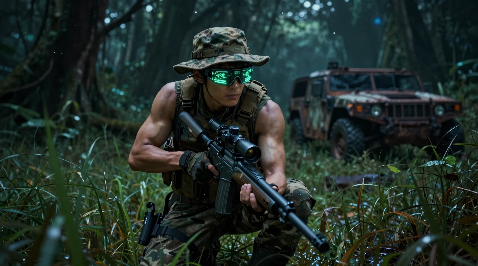 Soldier with sniper rifle moving through dark jungle grass