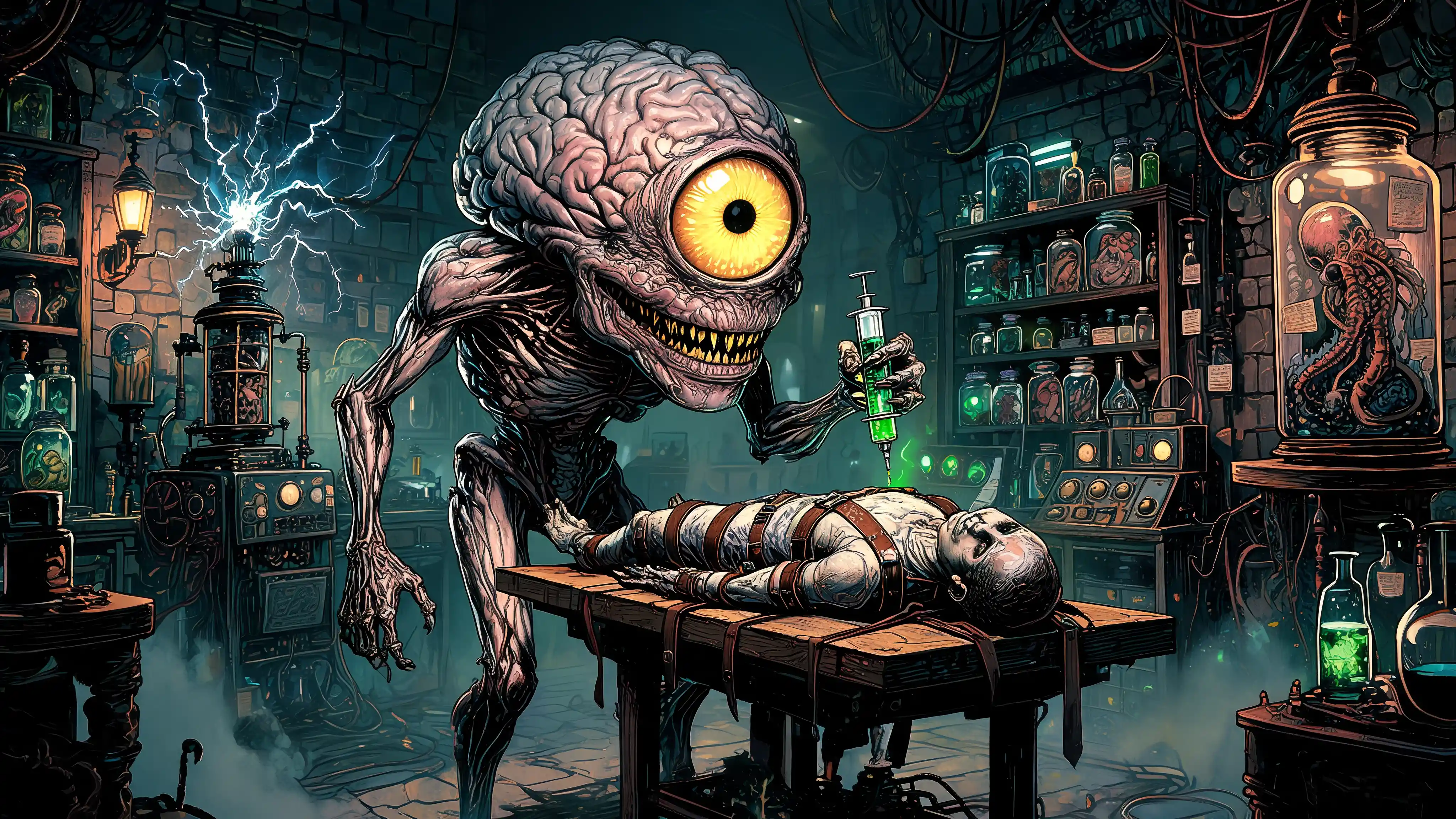 Gigantic One Eyed Brain Monster In Gothic Lab