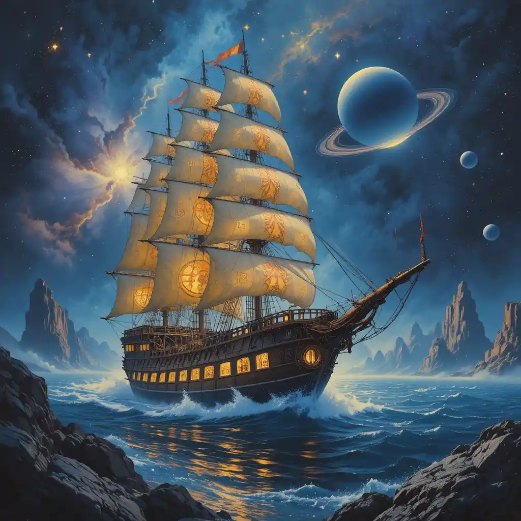 Majestic sailing ship gliding through a glowing cosmic nebula