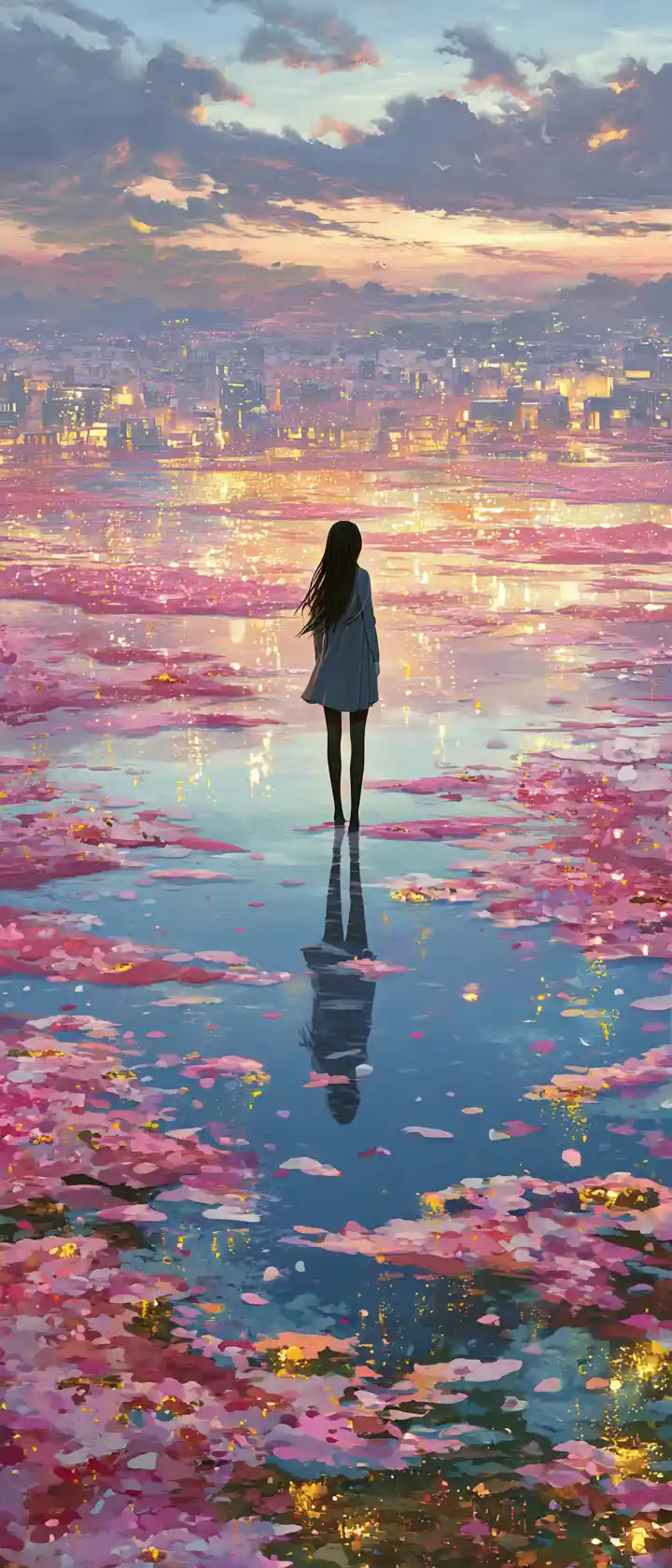 Anime girl in rain with tear turning into ink landscape