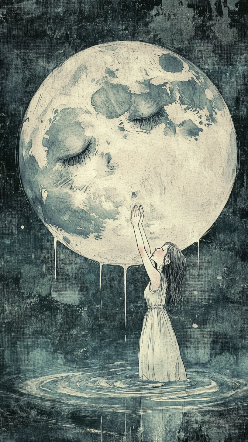Girl catching glowing tears from a crying moon face