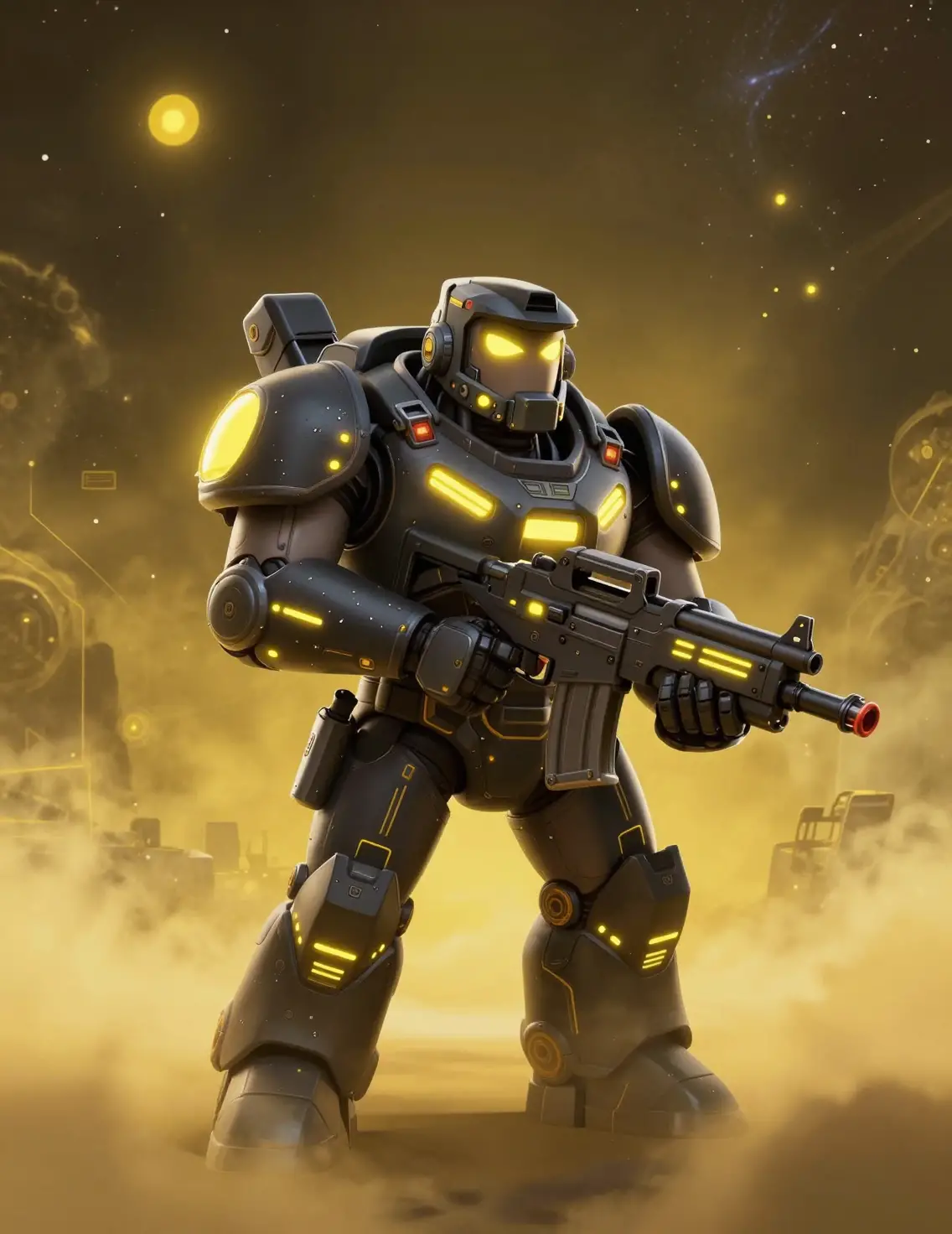 Cartoon armored heavy soldier in glowing sci fi space