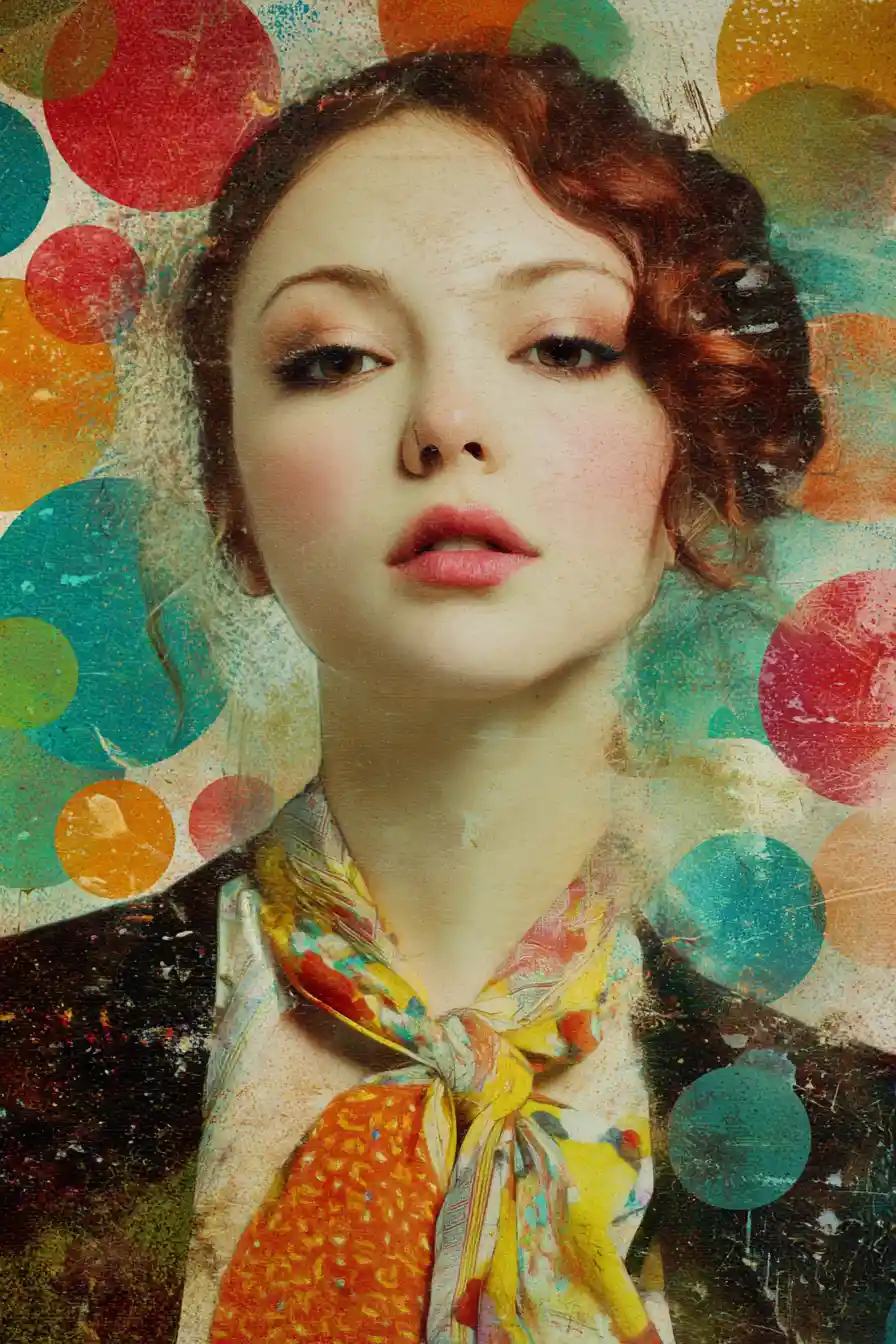Surreal mixed media print with abstract bokeh dots background