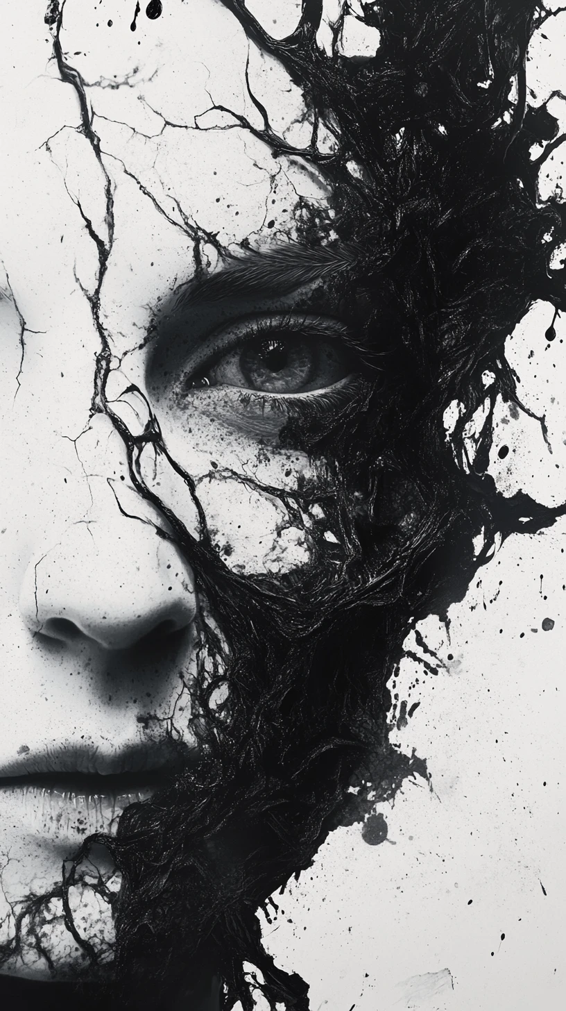Surreal horror portrait dissolving into ink and empty void