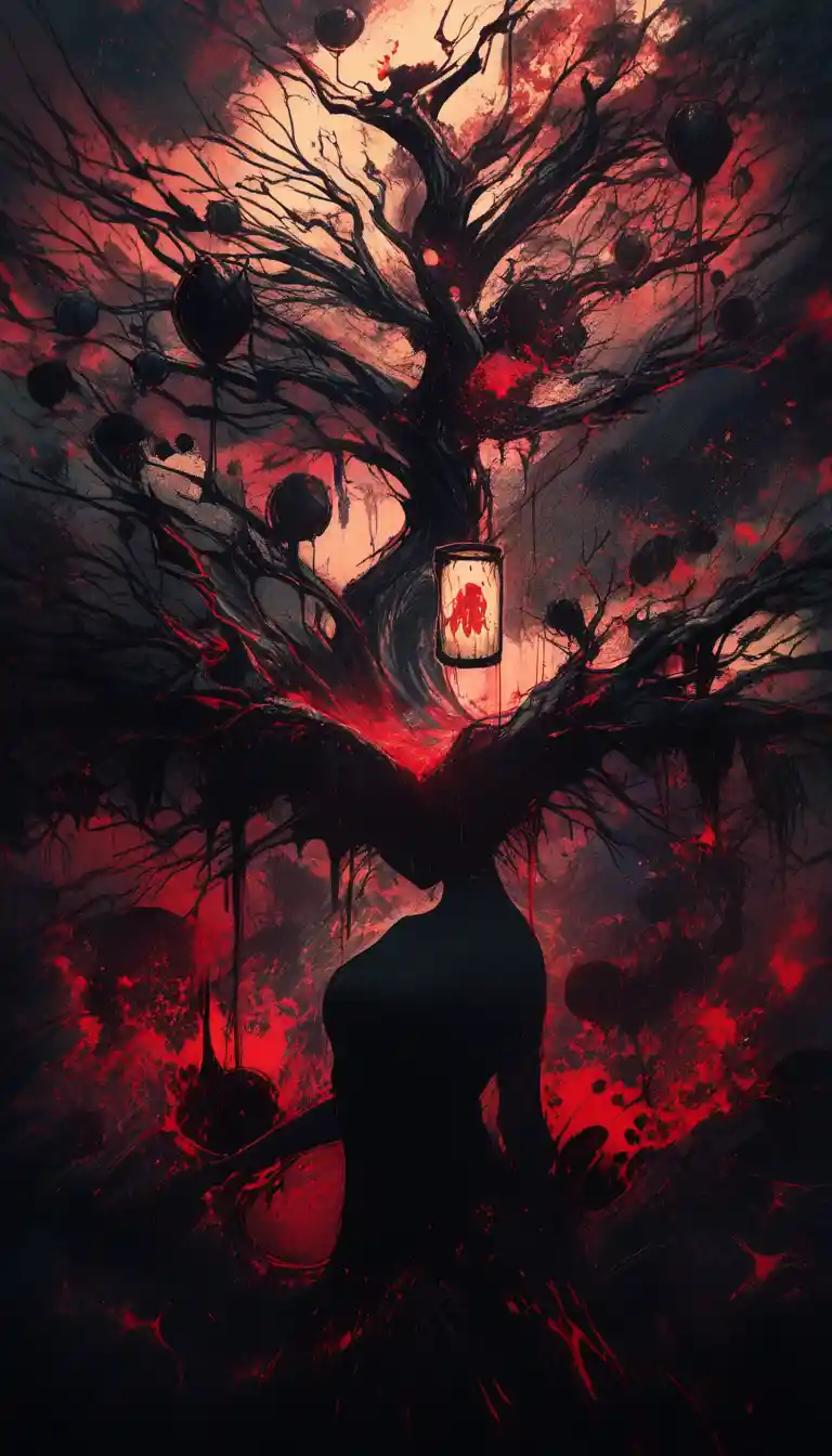 Surreal shadow creature morphing into a twisted alcohol tree