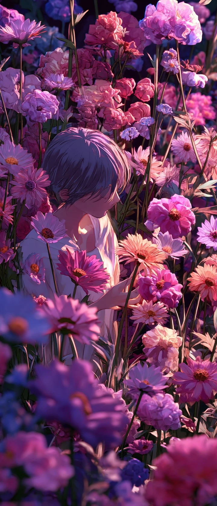 Florista de anime cuidando un jardín de retratos vivos de tinta