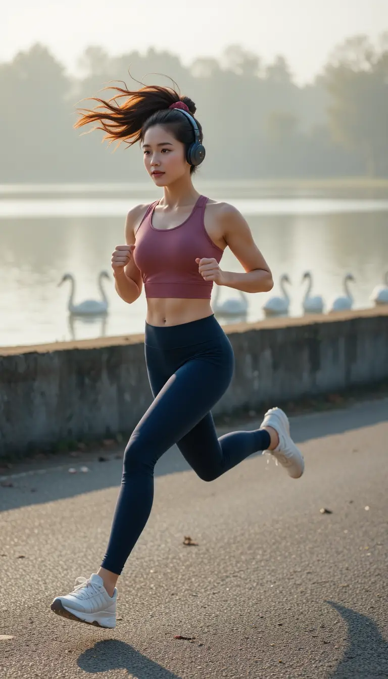 Korean college girl sprinting along a misty lakeside path