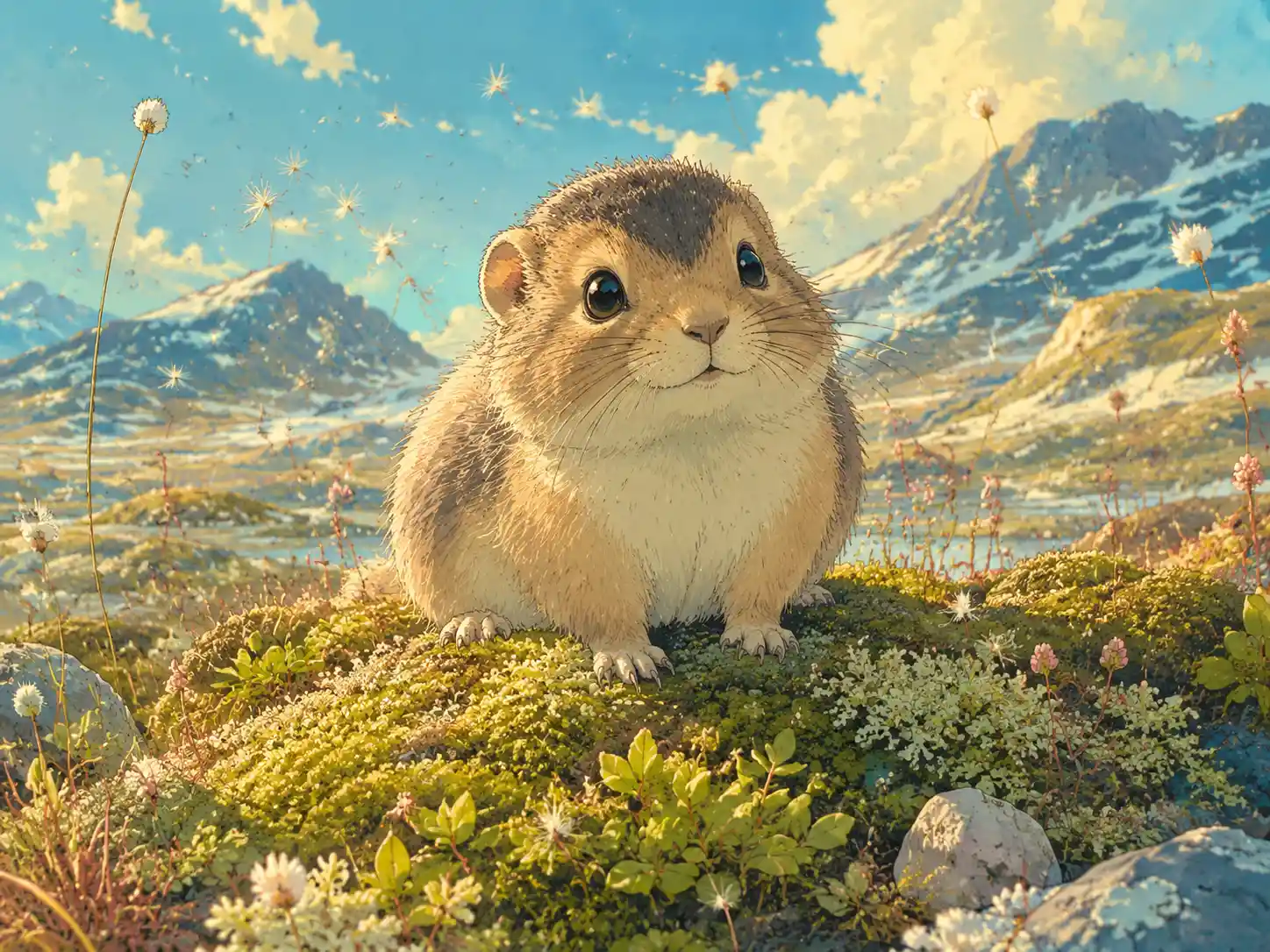 Dolce cucciolo di lemming seduto su un tumulo di tundra soleggiato