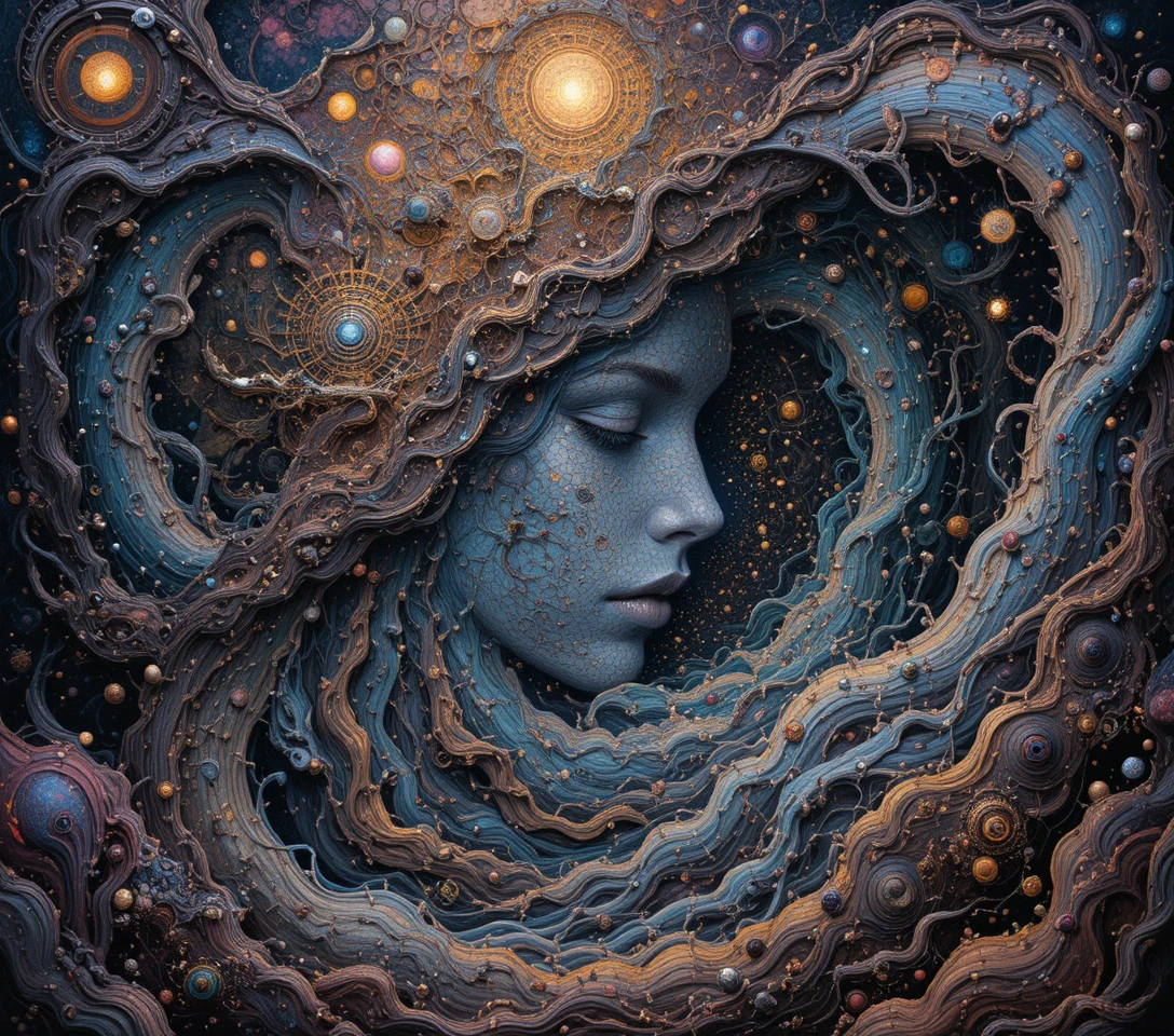 Psychedelic vortex of organic forms and cosmic symbolism