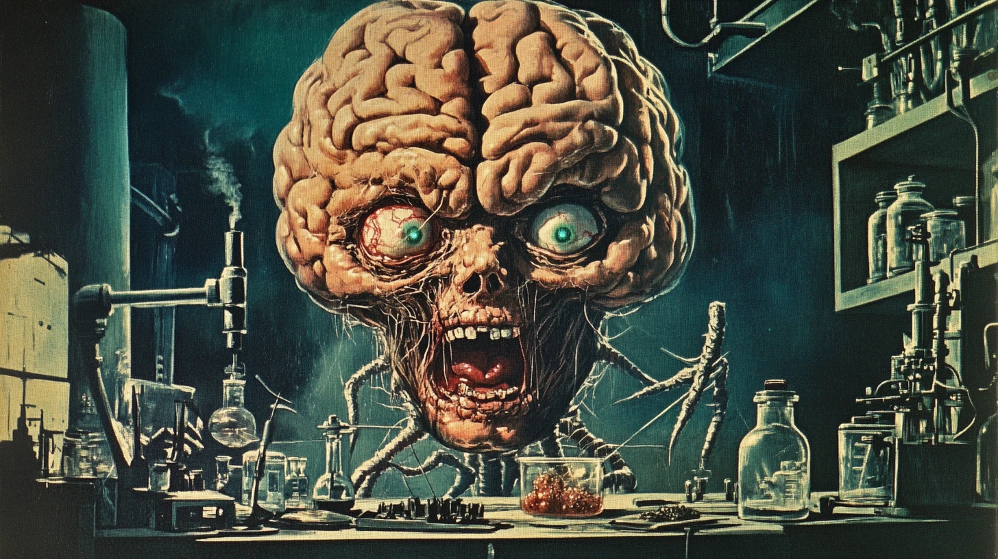 Giant one eyed brain monster in a macabre lab