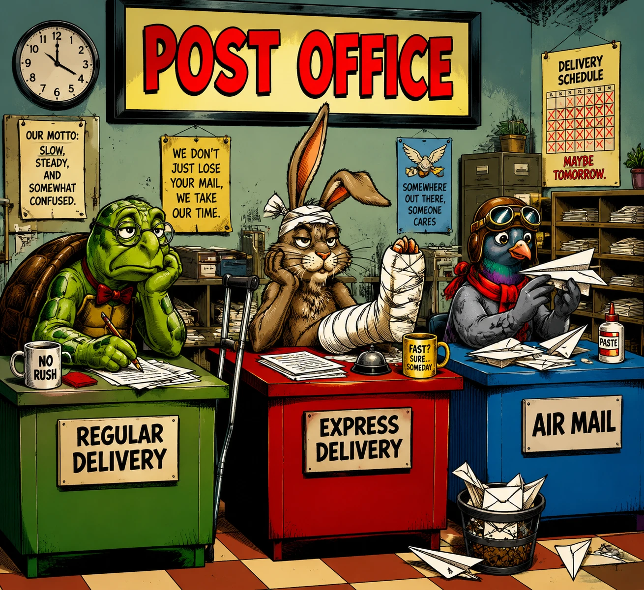 Humorous comic of animals working at post office desks