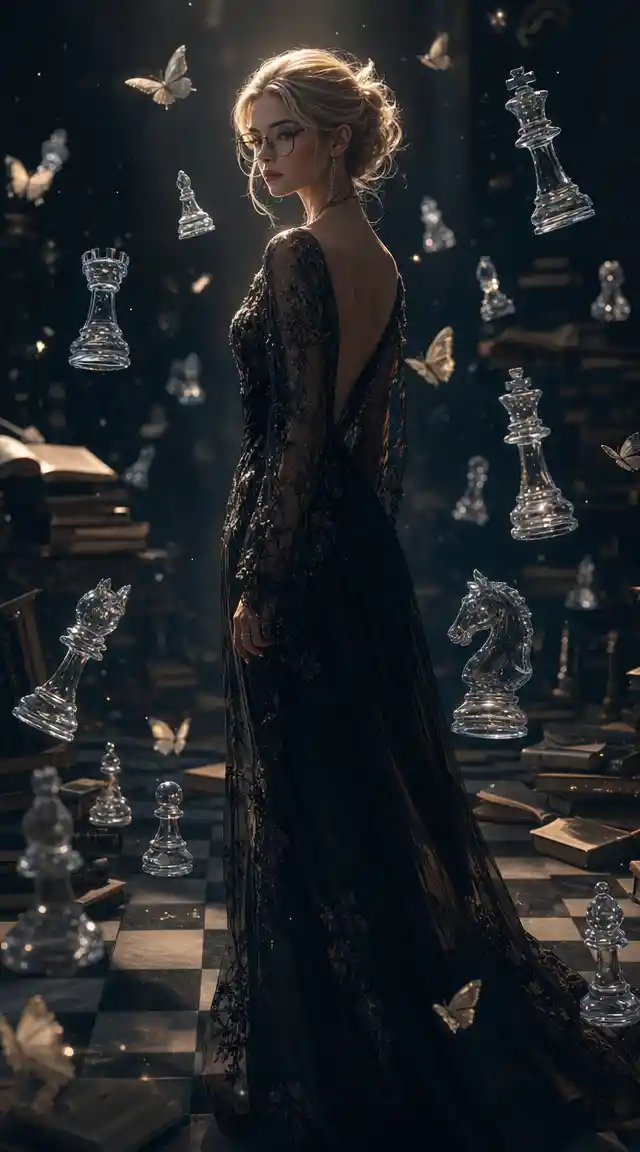 Elegant woman on a dark chessboard with floating pieces