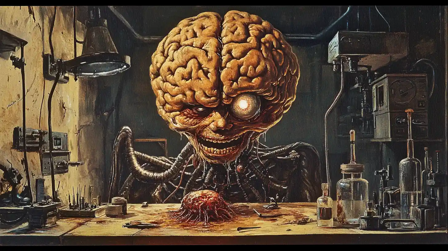 Grotesque Brain Monster Conducting Experiments In Gothic Lab