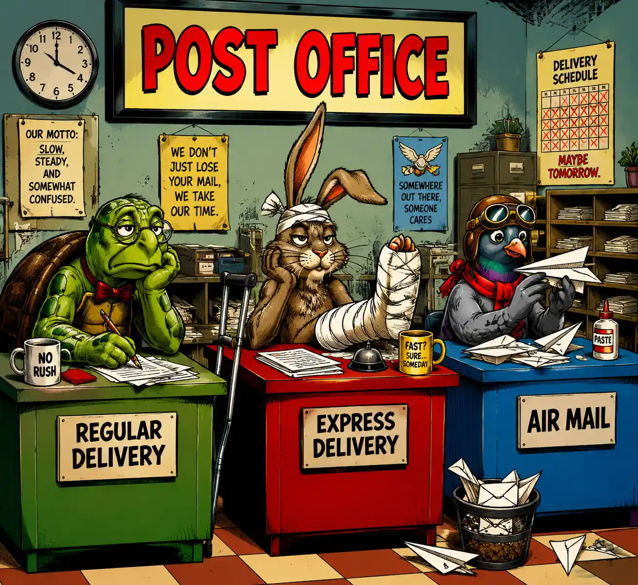 Humorous comic of animals working at post office desks