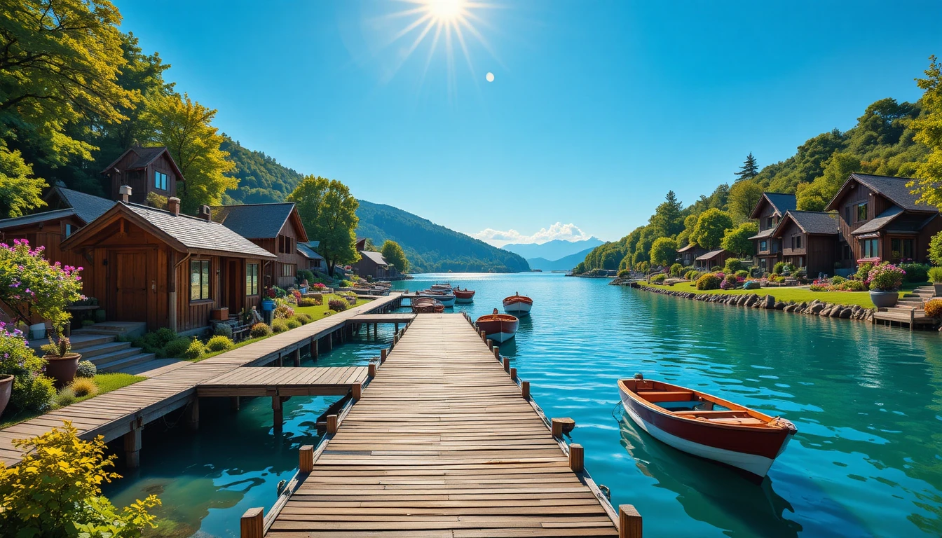 Rustic wooden pier on a tranquil lakeside village