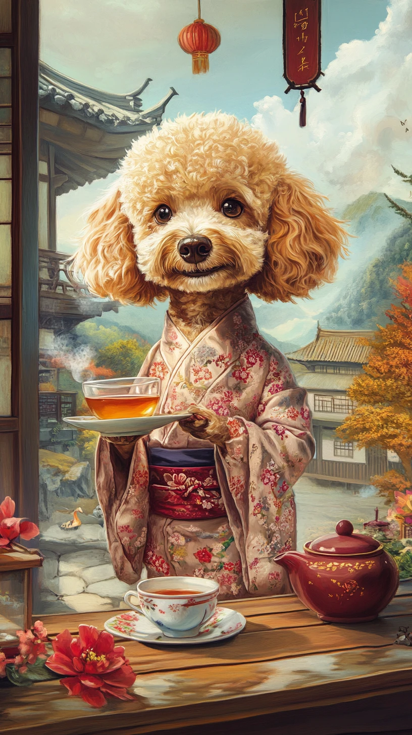 Anthropomorphic poodle in kimono serving tea in teahouse