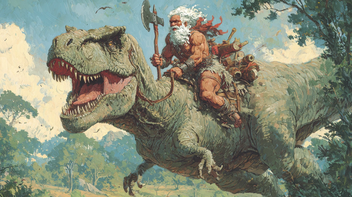 Viejo bárbaro montando un tiranosaurio a través de llanuras boscosas