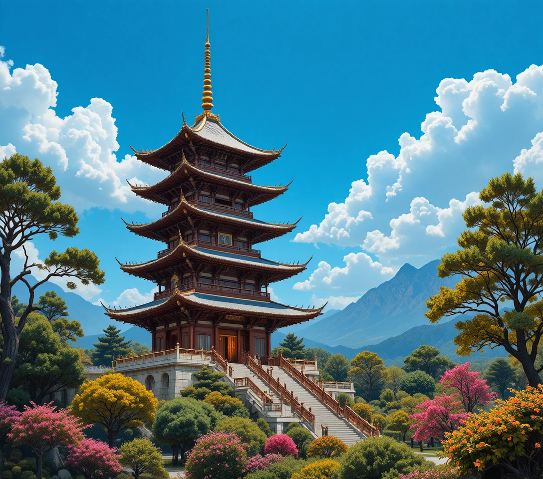 Majestic multi level Chinese pagoda under clear blue sky