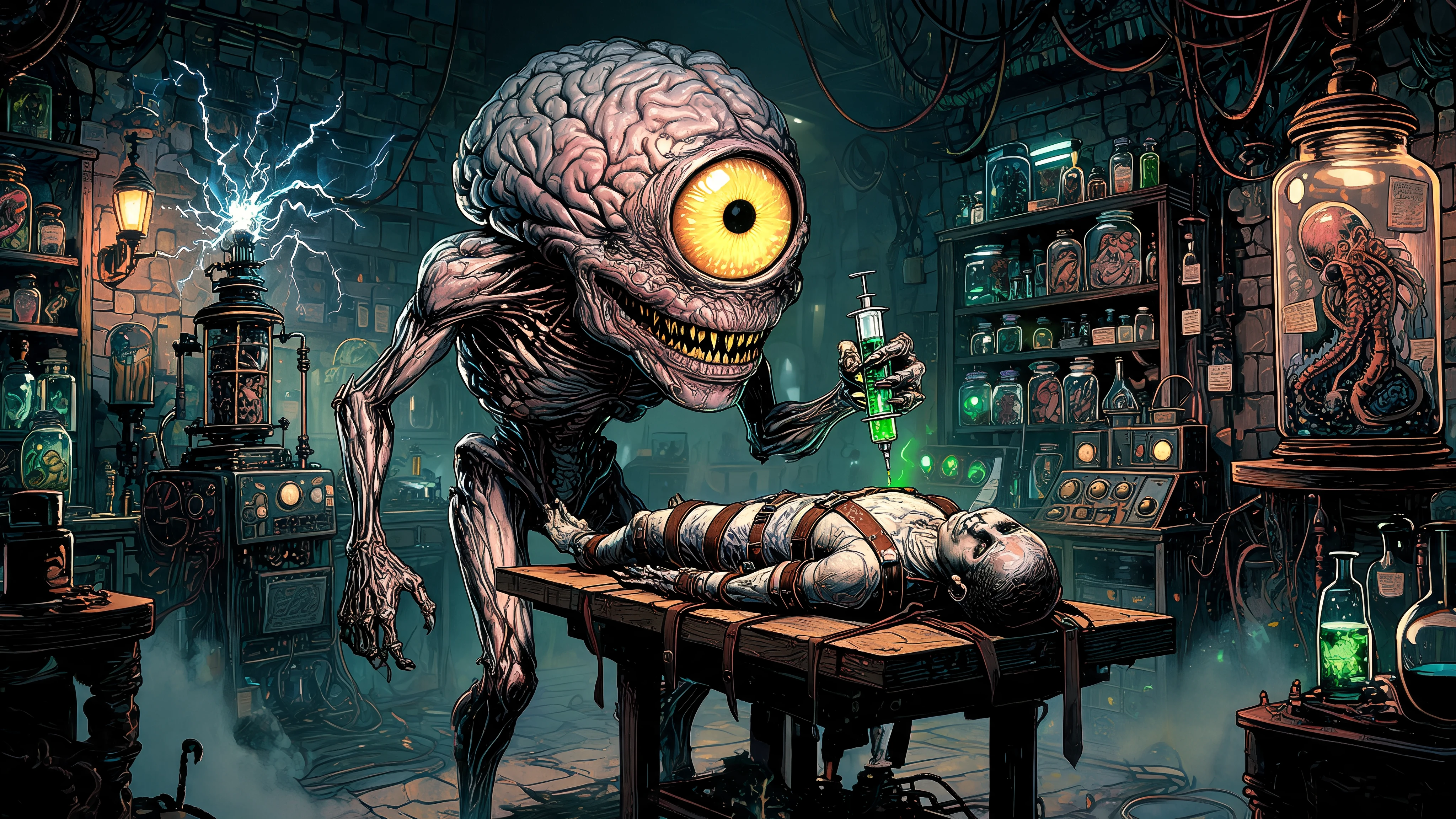 Gigantic One Eyed Brain Monster In Gothic Lab