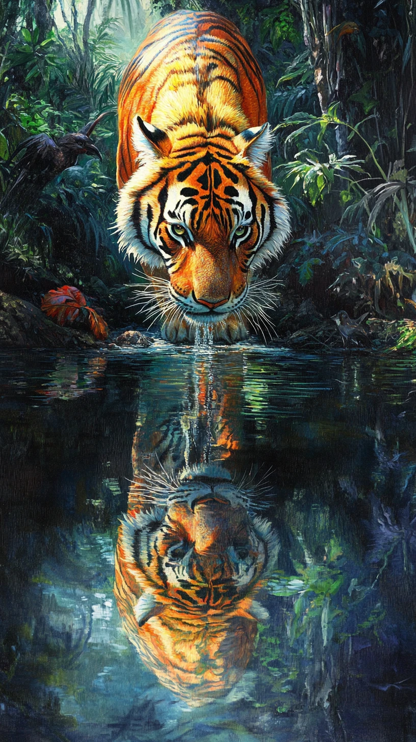 Tigre che beve a una pozza nella giungla con riflesso