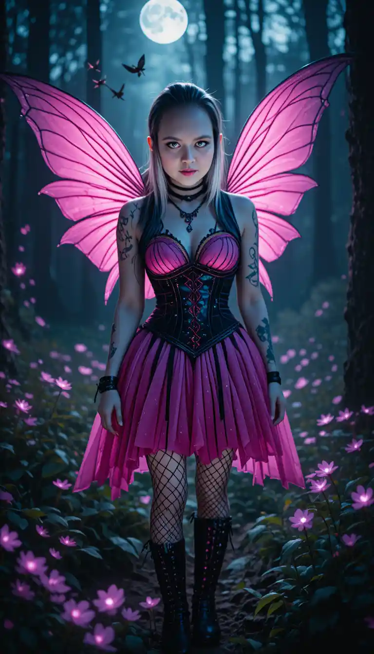 Gothic fairy woman in moonlit enchanted forest