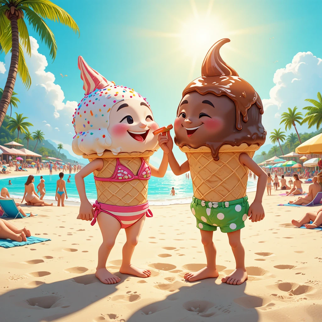 Playful ice cream characters sharing a moment on sunny beach