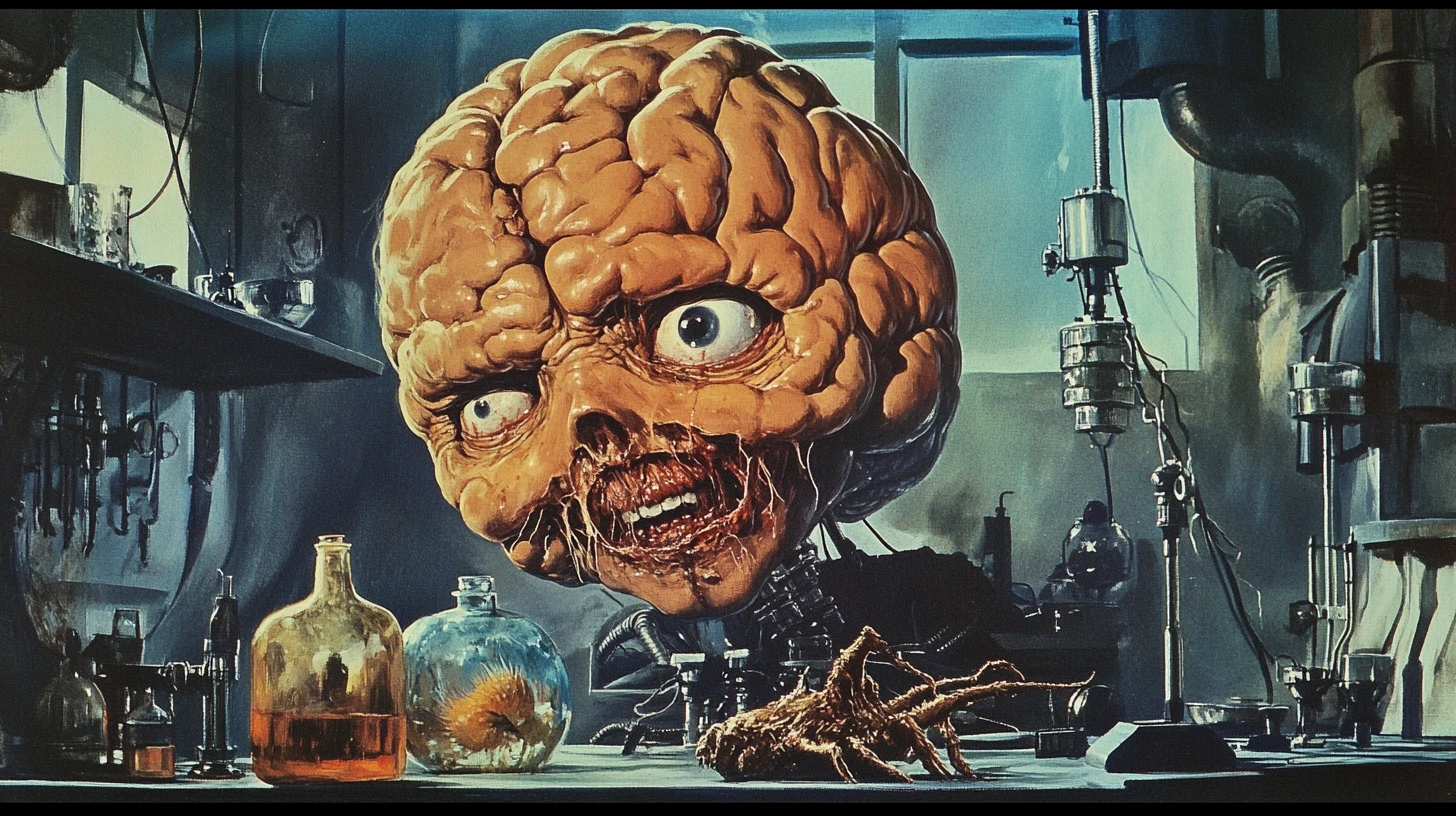 Gigantic one eyed brain monster in a eerie vintage laboratory