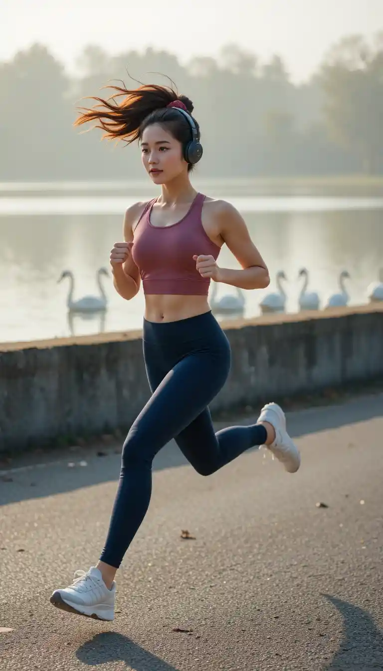Korean college girl sprinting along a misty lakeside path