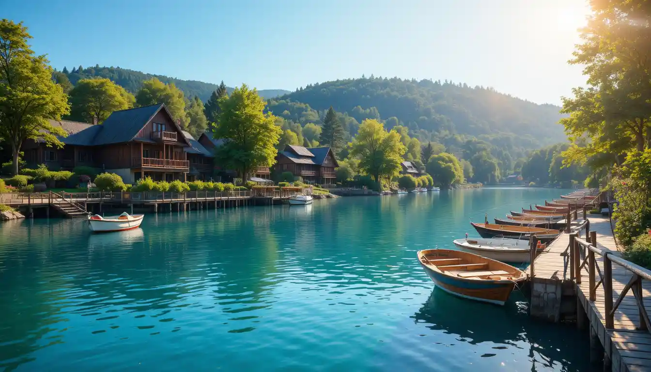 Rustic wooden pier on a calm lakeside with boats moored