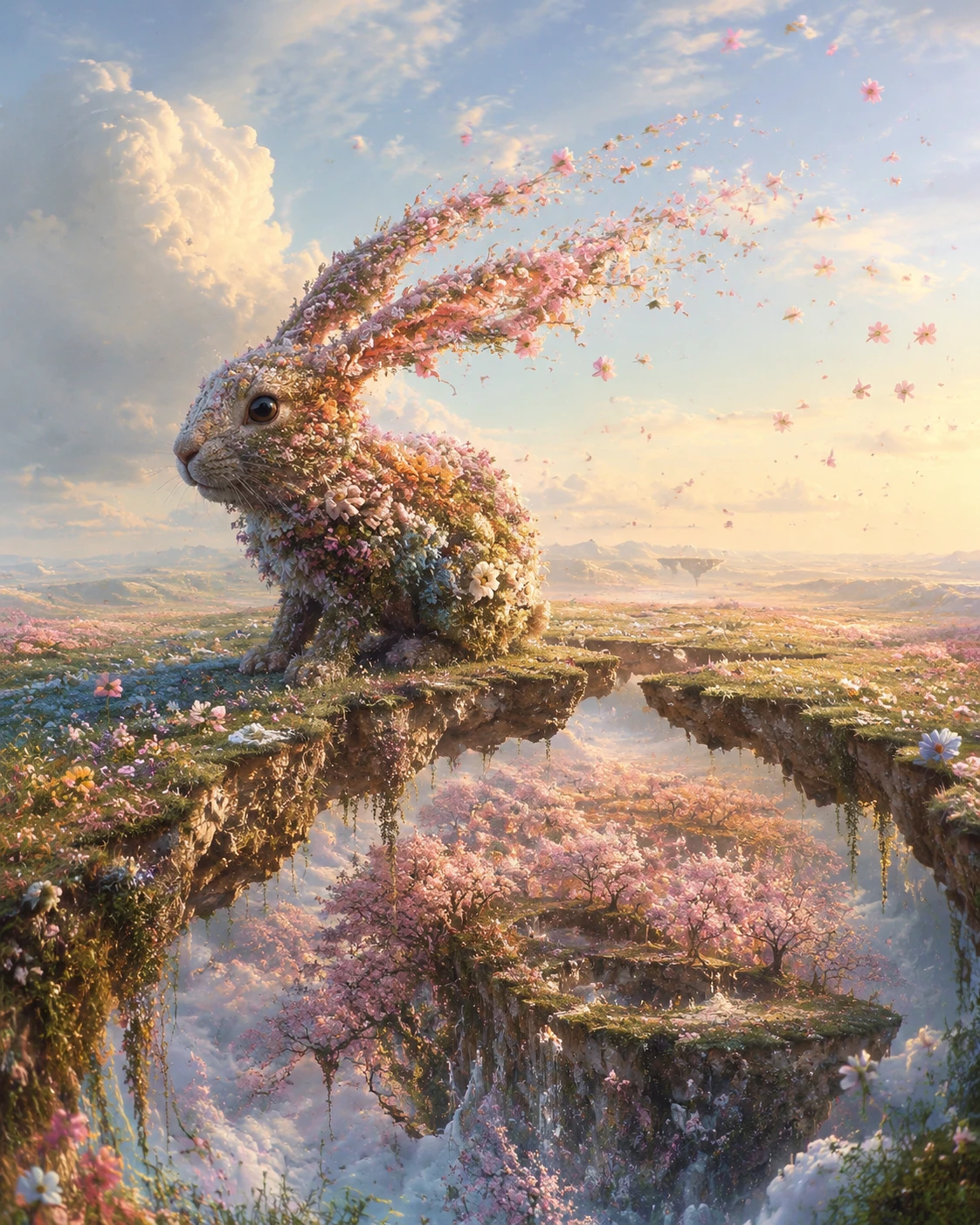 Surreal floral rabbit in a floating dreamlike landscape