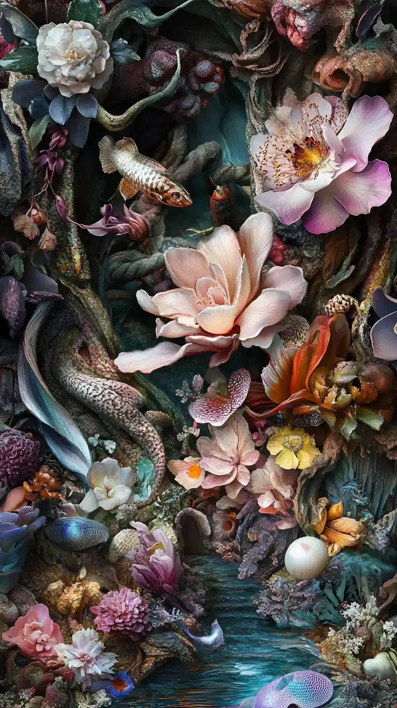 Dreamlike floral realm of swirling patterns and illusions