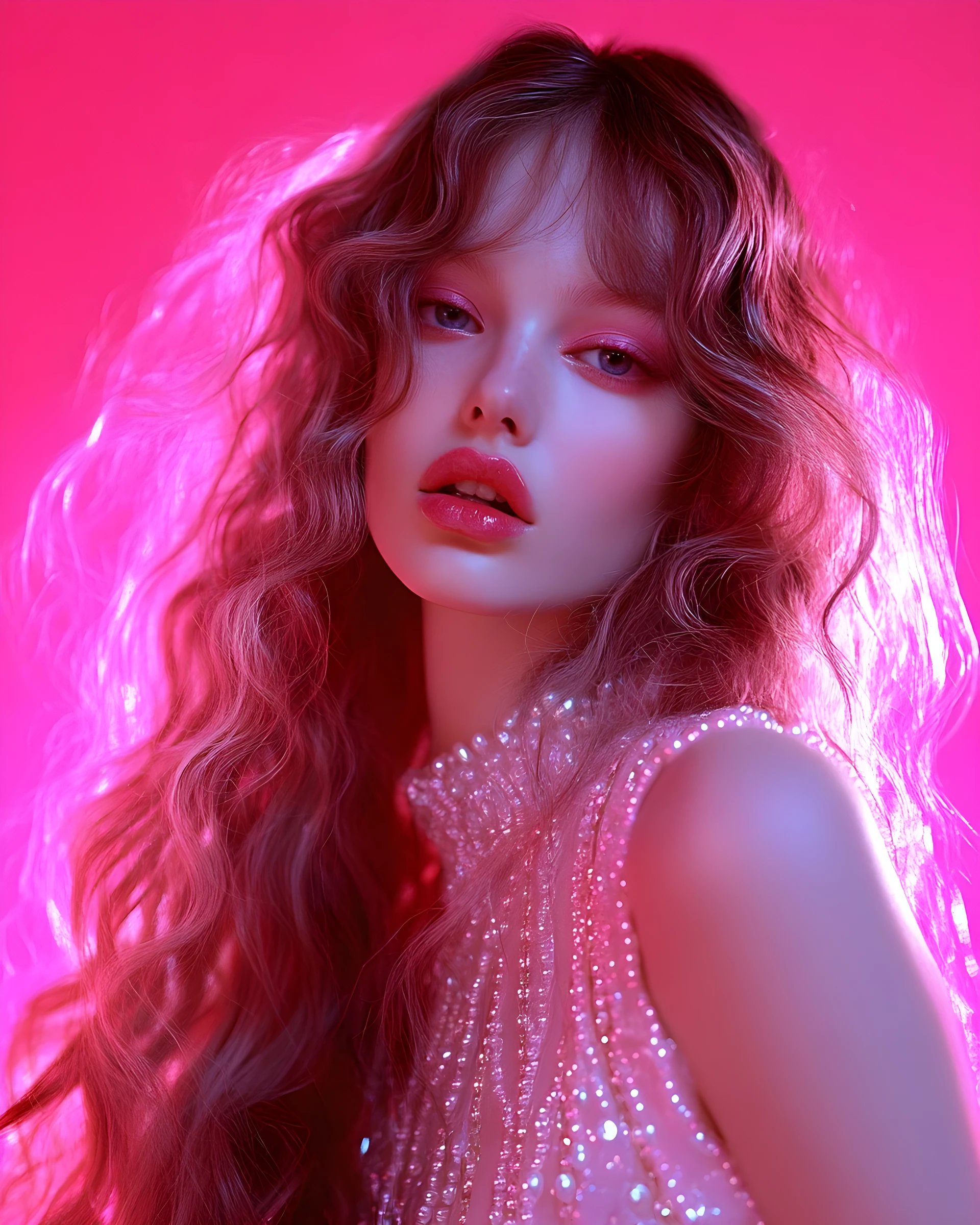 Mujer de moda nacarada con cabello ondulado en retrato de cuerpo entero