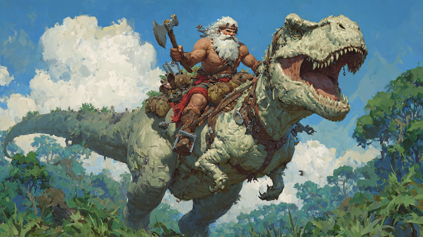 Old barbarian riding a giant dinosaur across forest plains