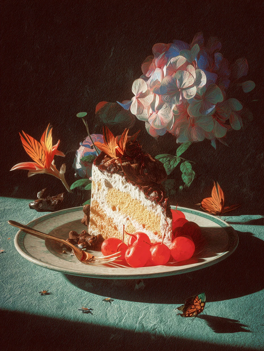 Pastel de cumpleaños surrealista en un collage vintage de ambiente oscuro